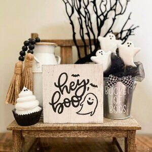 "Hey Boo" Rustic Wood Block Sign